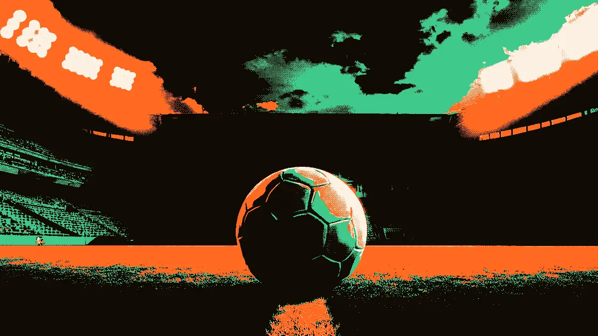 Un ballon de football posé au centre d'un terrain désert, éclairé par des projecteurs, avec des gradins vides en arrière-plan, évoquant la fin d'un parcours international avant une grande compétition.