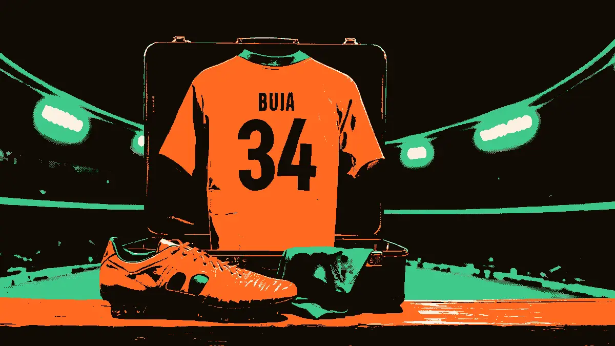 Une paire de crampons posée sur un banc devant un maillot portant le numéro 34 plié, une valise ouverte et un tunnel de stade éclairé en arrière-plan, évoquant un départ vers un nouveau club.