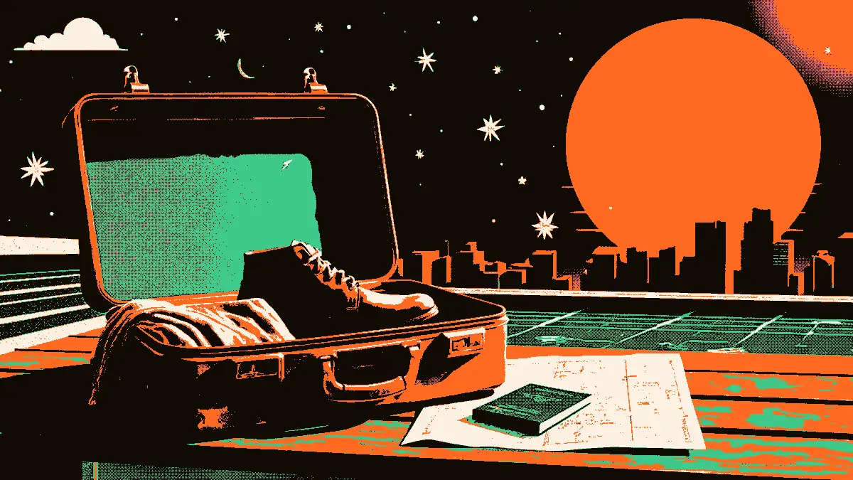 Illustration représentant une valise ouverte contenant un crampon de football, posée sur un banc avec une écharpe pliée et un plan de ville, évoquant un prochain départ vers un nouveau club à l'étranger.