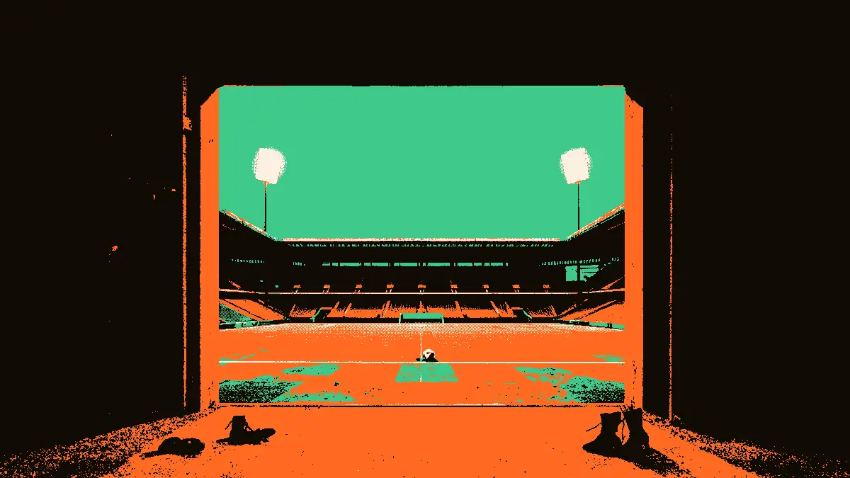 Un stade vide au crépuscule vu depuis l'entrée d'un tunnel fermé, projecteurs éteints, crampons éparpillés et un ballon dégonflé au centre du terrain, illustrant l'attente déçue d'une grande compétition.