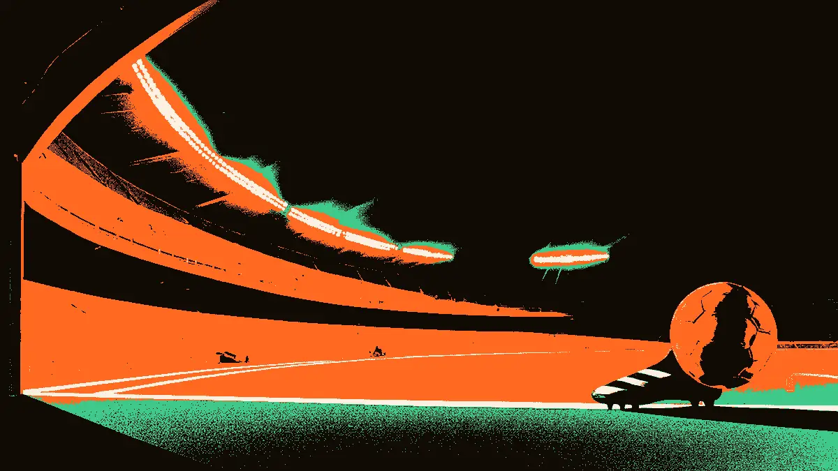 Composition graphique abstraite d'un stade de football la nuit, avec un tunnel central, des projecteurs lumineux, un ballon et un crampon au premier plan, évoquant un rendez-vous continental africain.
