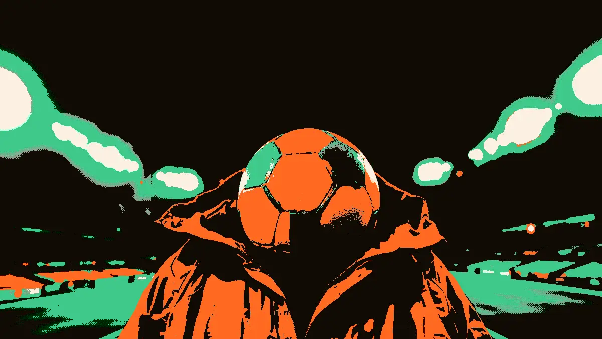 Illustration montrant un ballon de football glissé dans la poche ouverte d'une veste, posé au premier plan devant un stade illuminé par des projecteurs, évoquant un transfert vers un grand championnat.