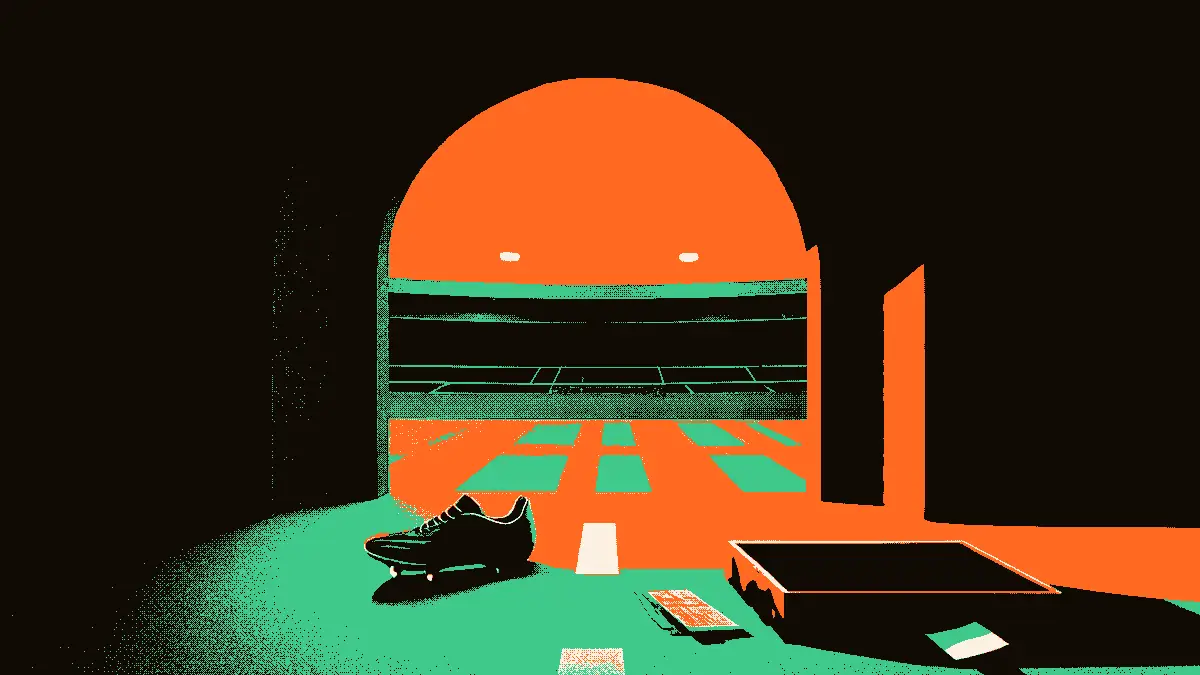 Un tunnel de stade sombre débouchant sur une pelouse illuminée, avec une valise ouverte, une chaussure de football et un billet de voyage au sol, évoquant un transfert manqué.