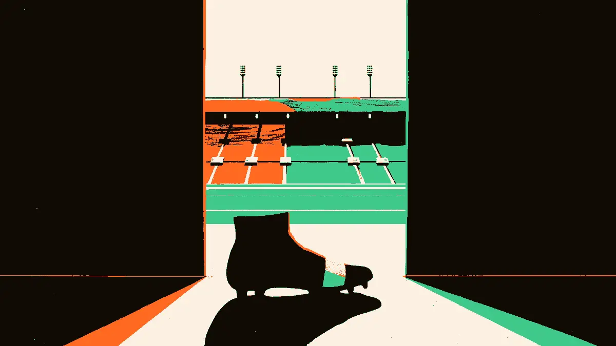 Une scène symbolique : au premier plan, un crampon de football entouré d'un bandage médical posé sur le seuil d'une porte d'hôpital, tandis qu'en arrière-plan se devinent les gradins vides d'un stade baignés dans une lumière douce, évoquant la blessure d'un joueur entre terrain e