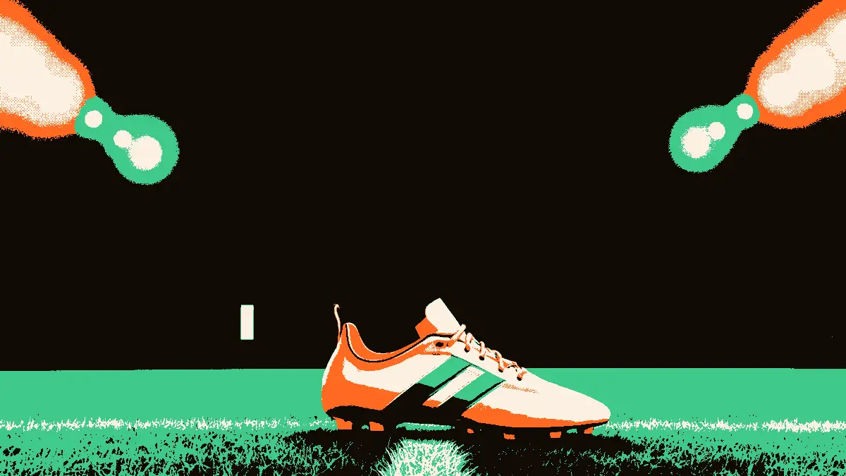 Illustration évoquant le sauvetage in extremis de deux footballeurs : une paire de crampons posée seule sur un terrain désert sous des projecteurs, un tunnel ouvert et des portes entrouvertes au loin symbolisant la fuite et le secours.