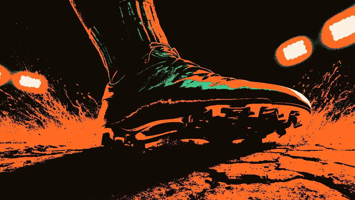 Illustration montrant une crampon de football solidement planté dans la terre craquelée, saisi par des mains ouvertes qui semblent le tirer vers le haut, symbolisant un sauvetage de justesse, avec des projecteurs de stade brillants en arrière-plan.