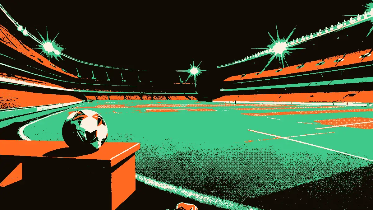 Stade vide éclairé par des projecteurs avec un ballon posé au centre et un maillot plié sur un banc de vestiaire, évoquant une titularisation de remplacement.