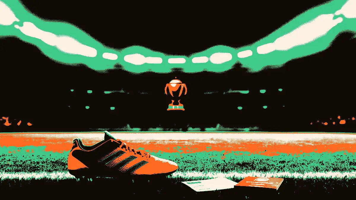 Une scène de football : une paire de crampons posée près d'un passeport ouvert et d'une carte d'embarquement, avec un trophée lumineux en arrière-plan, symbolisant la sélection d'un nouveau joueur pour une compétition à venir.