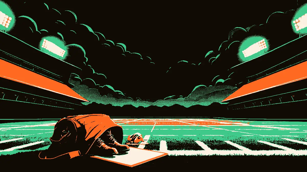 Illustration d'un stade de football au crépuscule vu depuis le banc des remplaçants : un sac de sport ouvert sur la pelouse laisse dépasser des crampons et un sifflet d'arbitre, tandis qu'un grand clipboard vide flotte au premier plan sous la lumière des projecteurs, évoquant une