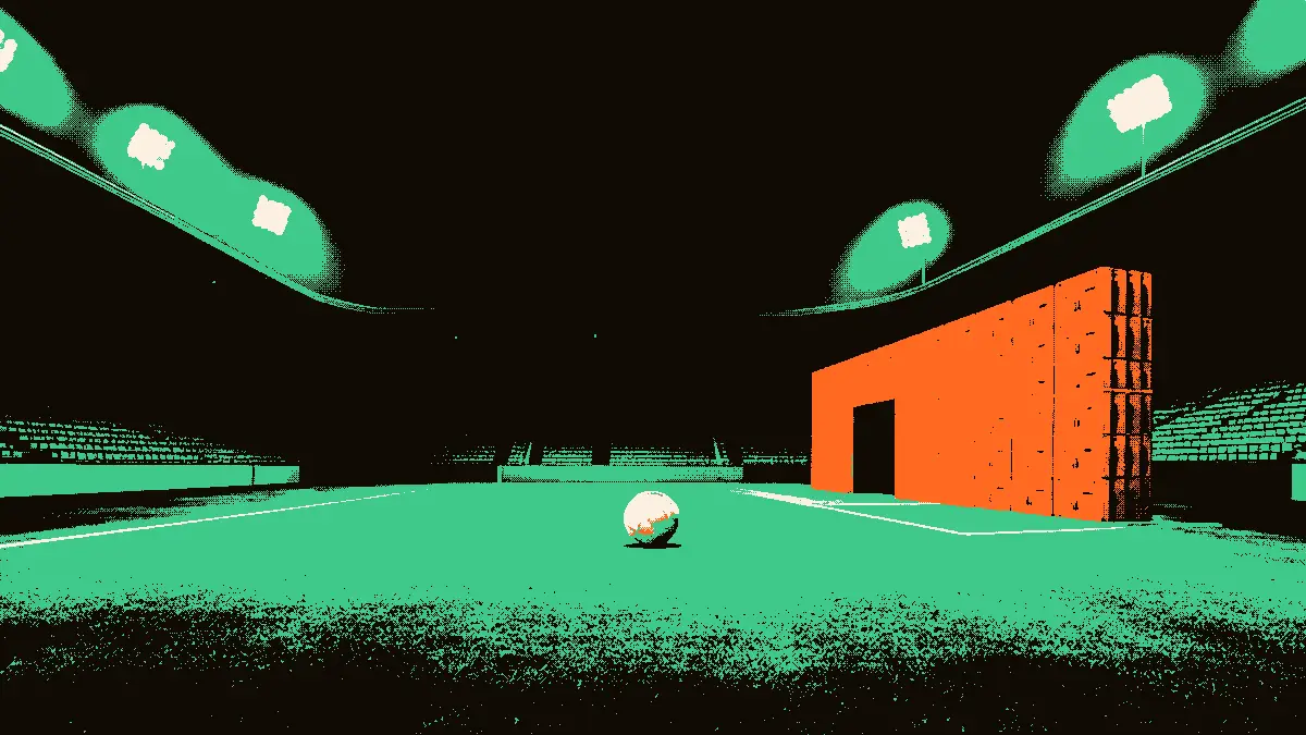 Stade vide de nuit, ballon posé au centre du terrain, barrières de valises fermant l'accès au tunnel, projecteurs partiellement éteints, illustrant un match qui n'a pas eu lieu.