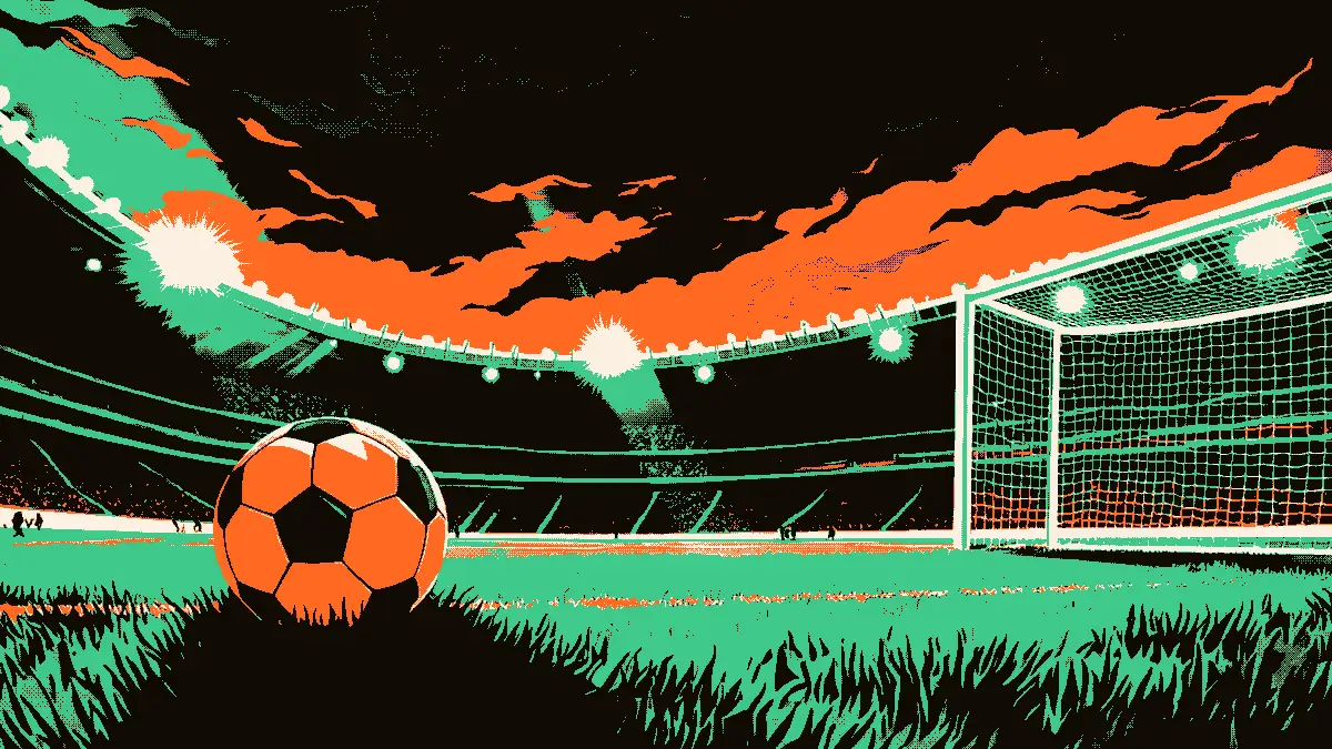 Illustration représentant un ballon dégonflé posé sur l'herbe devant un filet de but vide, dans un grand stade éclairé par des projecteurs au crépuscule, évoquant une lourde défaite et la domination d'une équipe sur une autre lors d'une compétition continentale.
