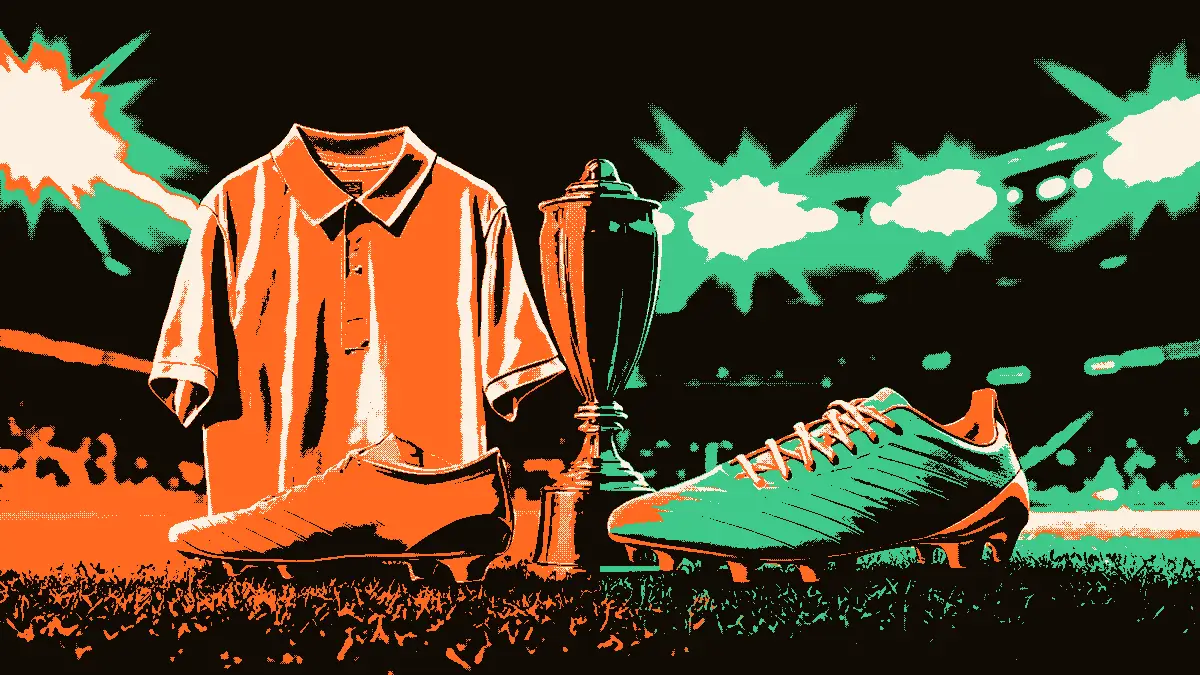 Une scène symbolique représentant un maillot plié posé près d'une paire de crampons et d'un trophée, sur un fond flou de gradins de stade et de projecteurs, évoquant le thème d'un transfert controversé sans aucune personne ni texte.