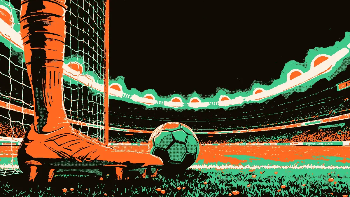 Une scène de football symbolisant une large victoire : un crampon géant au premier plan enjambe un filet affaissé, un ballon à côté, et des projecteurs de stade illuminent des gradins vides en arrière-plan, évoquant un stade lors d'une qualification en Ligue des champions.
