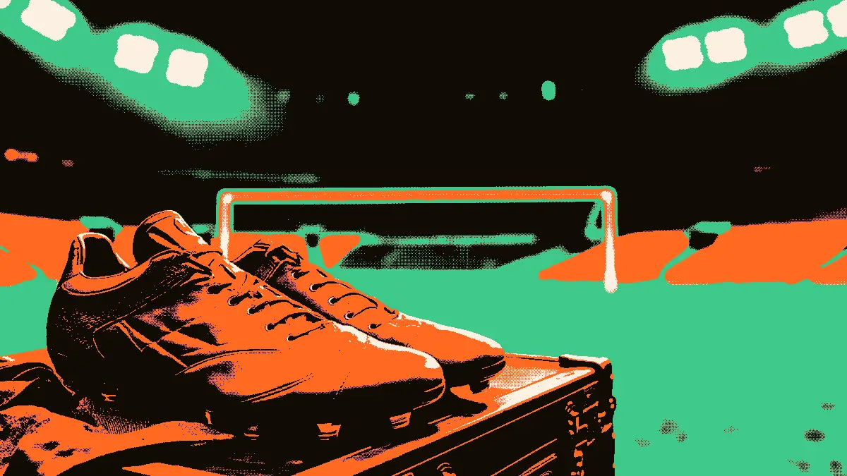 Une valise ouverte au premier plan contenant des crampons et une tenue de foot pliée, symbolisant un départ, avec en arrière-plan un grand stade vide éclairé par des projecteurs et une arche de tunnel menant vers un nouveau terrain.