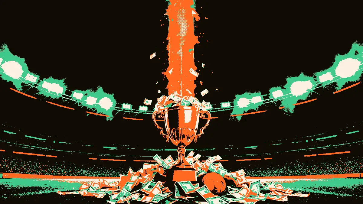 Illustration pour un article sur le mercato : un trophée doré au centre d'un stade entouré de billets stylisés, de ballons et de crampons, avec une flèche lumineuse pointant vers le haut symbolisant des transferts records.