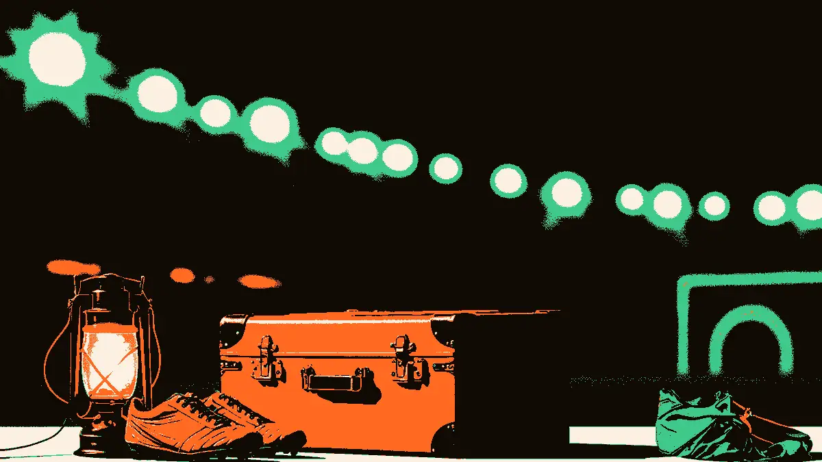 Illustration évoquant le deuil et le soutien : une paire de crampons de football posée près d'une lanterne allumée et d'une valise fermée, sur fond de projecteurs de stade diffusant une lumière douce dans des tons désertiques.