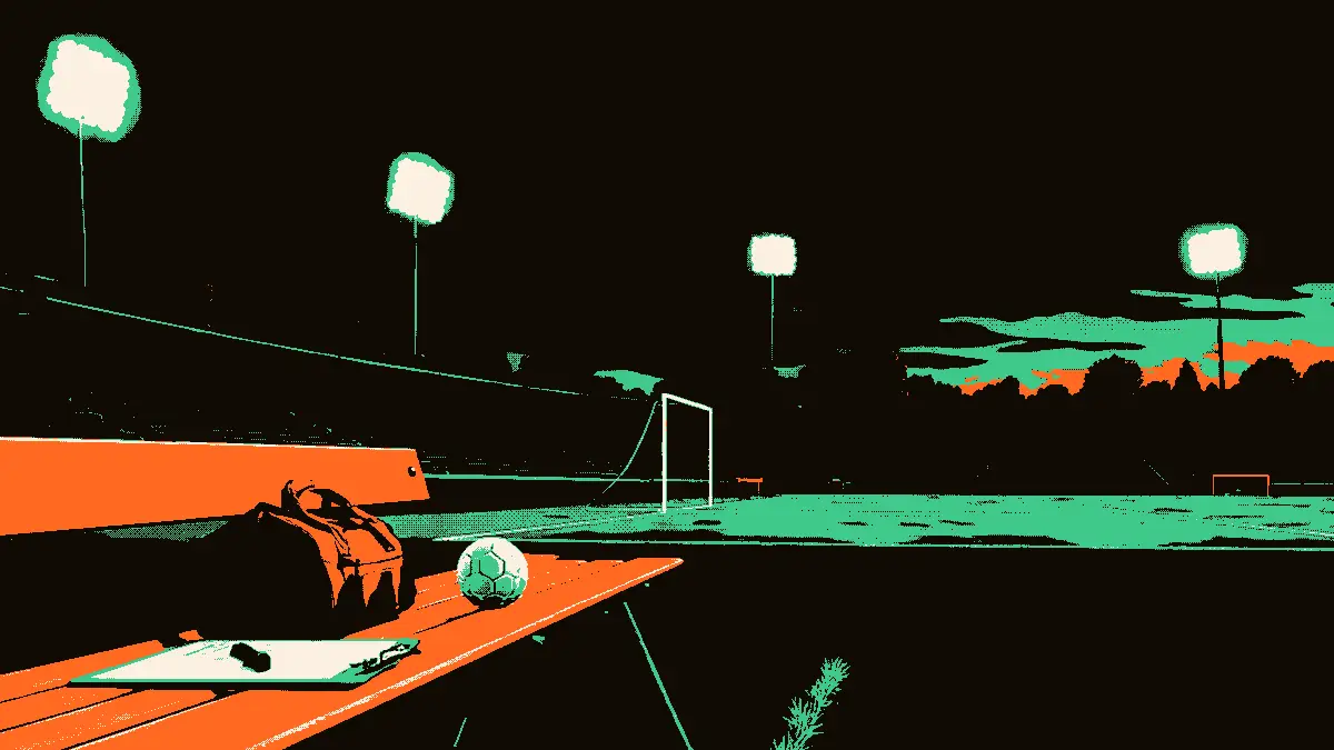 Sur le bord d'un banc de stade vide, un sifflet d'entraîneur et une planchette sont posés près d'un ballon et d'un sac de sport, tandis qu'en arrière-plan les projecteurs du stade s'allument dans la lumière du crépuscule, évoquant la nomination d'un nouveau sélectionneur.