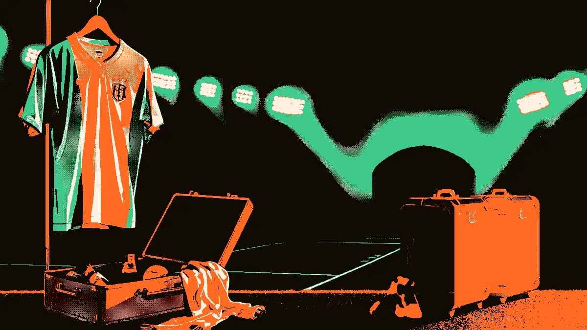 Illustration évoquant un transfert de footballeurs : un maillot de football sur un cintre à côté d'une valise ouverte contenant des crampons et un ballon, des valises alignées à l'entrée d'un tunnel de stade et des projecteurs éclairant le ciel, sans aucun visage, texte ni logo.