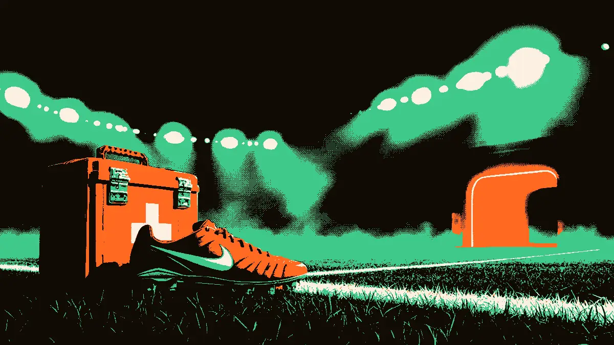 Une illustration montrant une scène de football avec une crampon posé près d'une trousse médicale sur la ligne de touche, un tunnel de stade en arrière-plan et des projecteurs éclairant la pelouse.