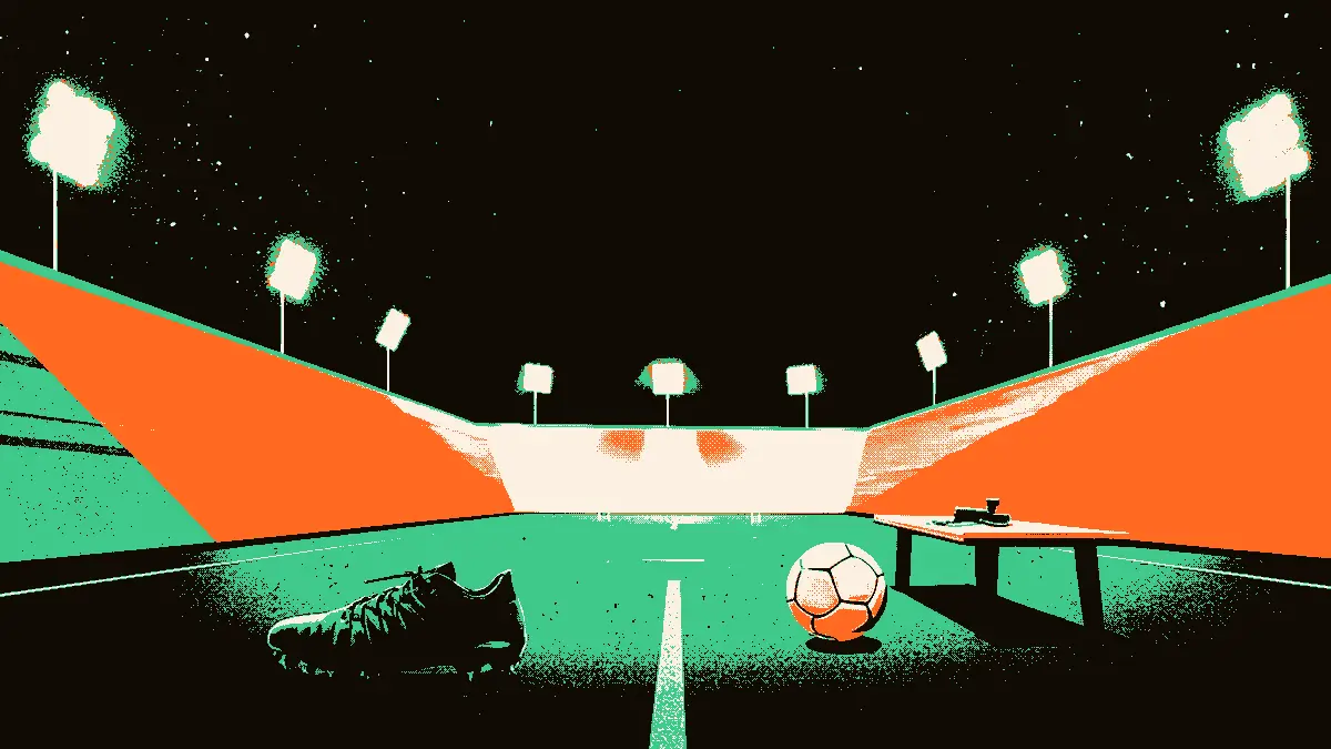 Un tunnel de stade vide éclairé par des projecteurs, une paire de crampons posée au sol près d'un ballon, un sifflet oublié sur un banc.