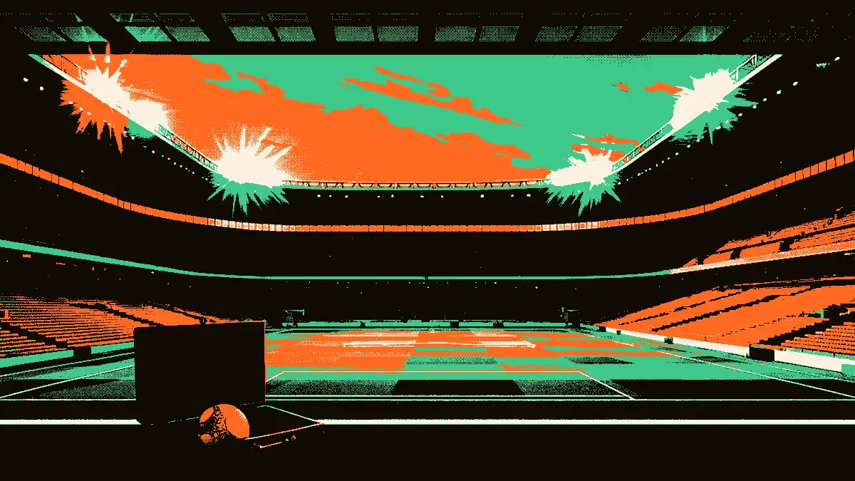 Stade vide éclairé par des projecteurs au crépuscule, ballon posé près d'une valise ouverte sur la pelouse, vue depuis le tunnel des joueurs, évoquant un voyage footballistique terminé.