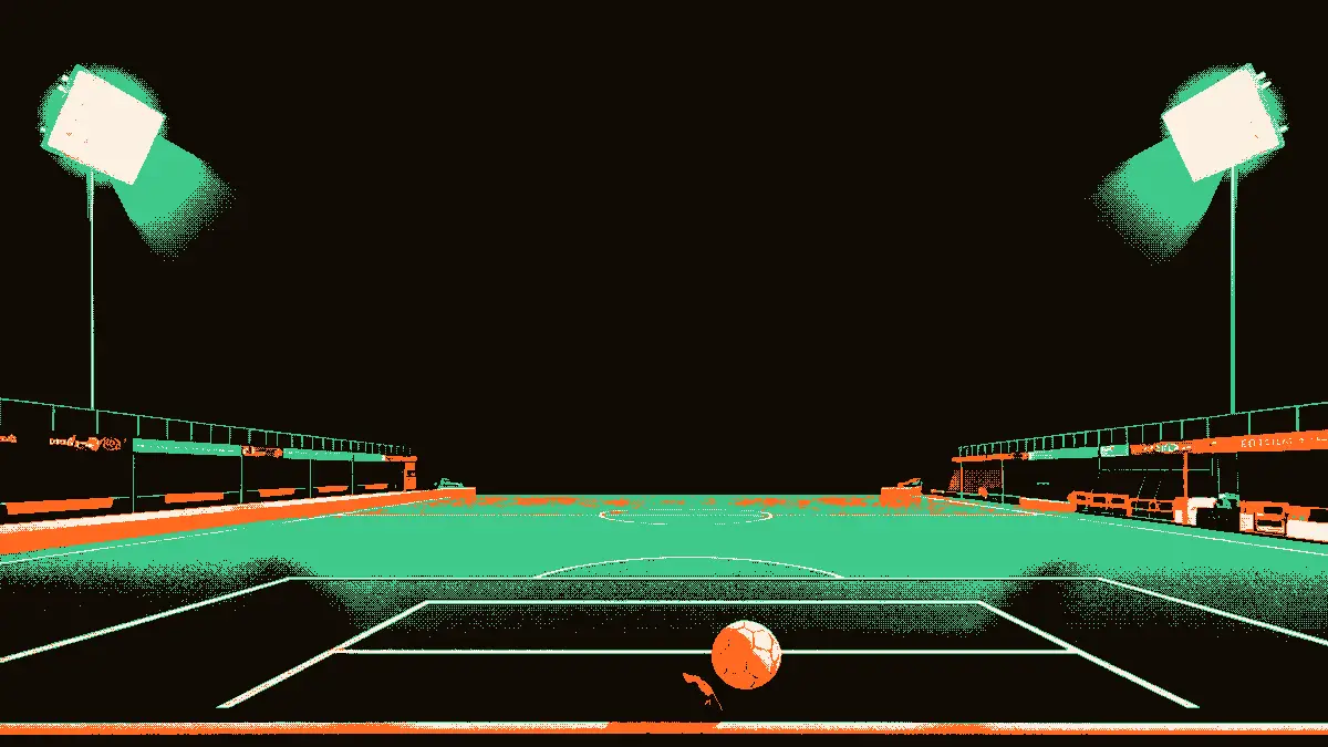 Illustration représentant un terrain de football éclairé par de puissants projecteurs, avec un ballon posé au centre et un sifflet d'arbitre abandonné près du banc des remplaçants, symbolisant une évaluation critique d'un bilan sportif en Afrique.