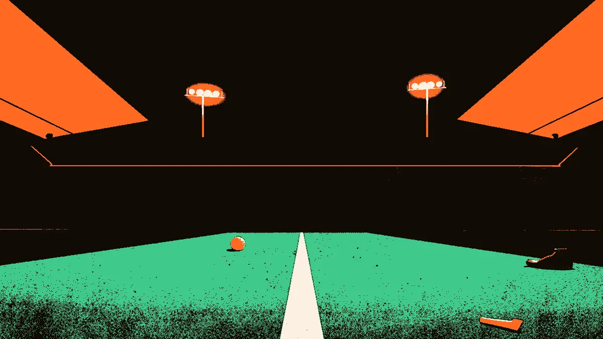 Un stade vide au crépuscule avec des projecteurs allumés, un ballon seul au rond central, une paire de crampons et un sifflet posés sur la touche près d'un tunnel ouvert plongé dans l'ombre, évoquant l'inquiétude pour les joueurs.