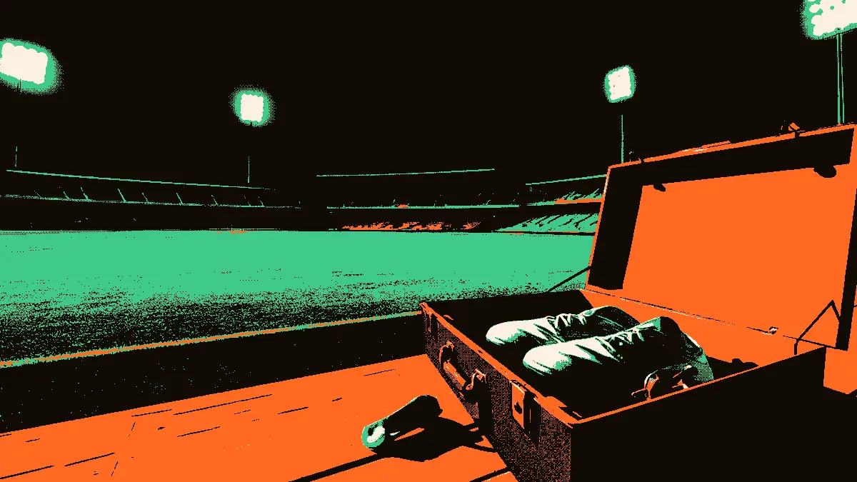 Une scène évoquant une pré-sélection d'équipe : un banc de stade au crépuscule, une valise ouverte au premier plan remplie de crampons alignés et d'un sifflet, éclairée par les projecteurs d'un gradin vide.