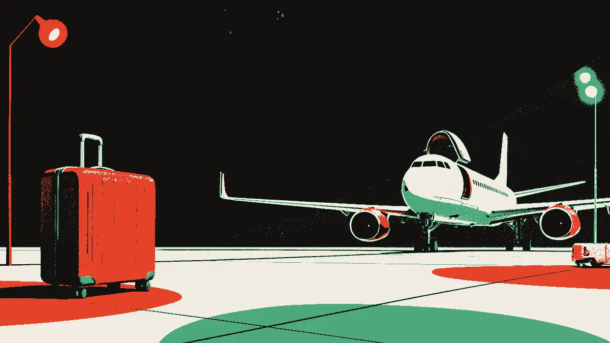 Illustration d'une valise fermée posée seule sur le tarmac d'un aéroport désert, avec en arrière-plan la porte ouverte d'un petit avion sous un ciel gris, évoquant un départ vers un nouveau club pour un jeune joueur africain.