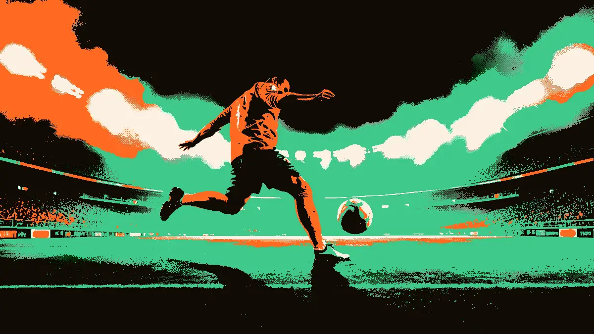 Une scène de football stylisée montrant un crampon en pleine frappe sur un ballon au premier plan, avec les projecteurs d'un stade allumés et des gradins vides en arrière-plan, évoquant un match décisif.