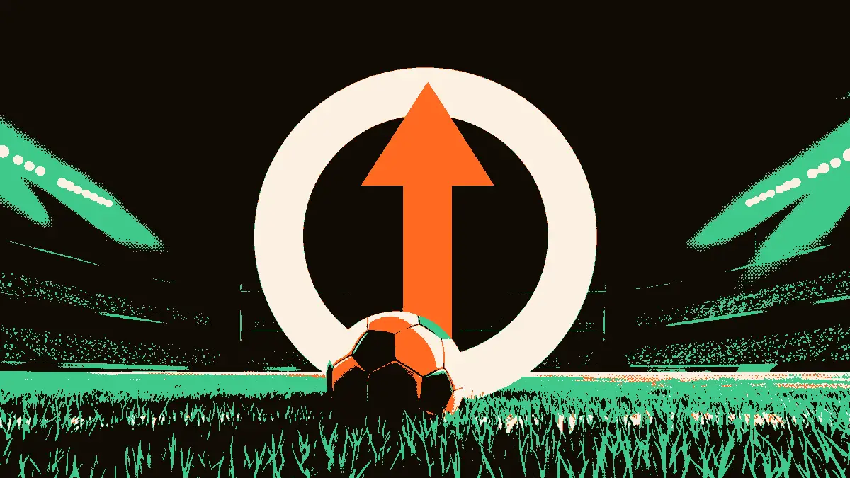 Illustration d'un ballon de football posé sur la pelouse, traversé par une flèche montant vers une cible, sous les projecteurs d'un stade vide, évoquant la perspective d'un but marqué.