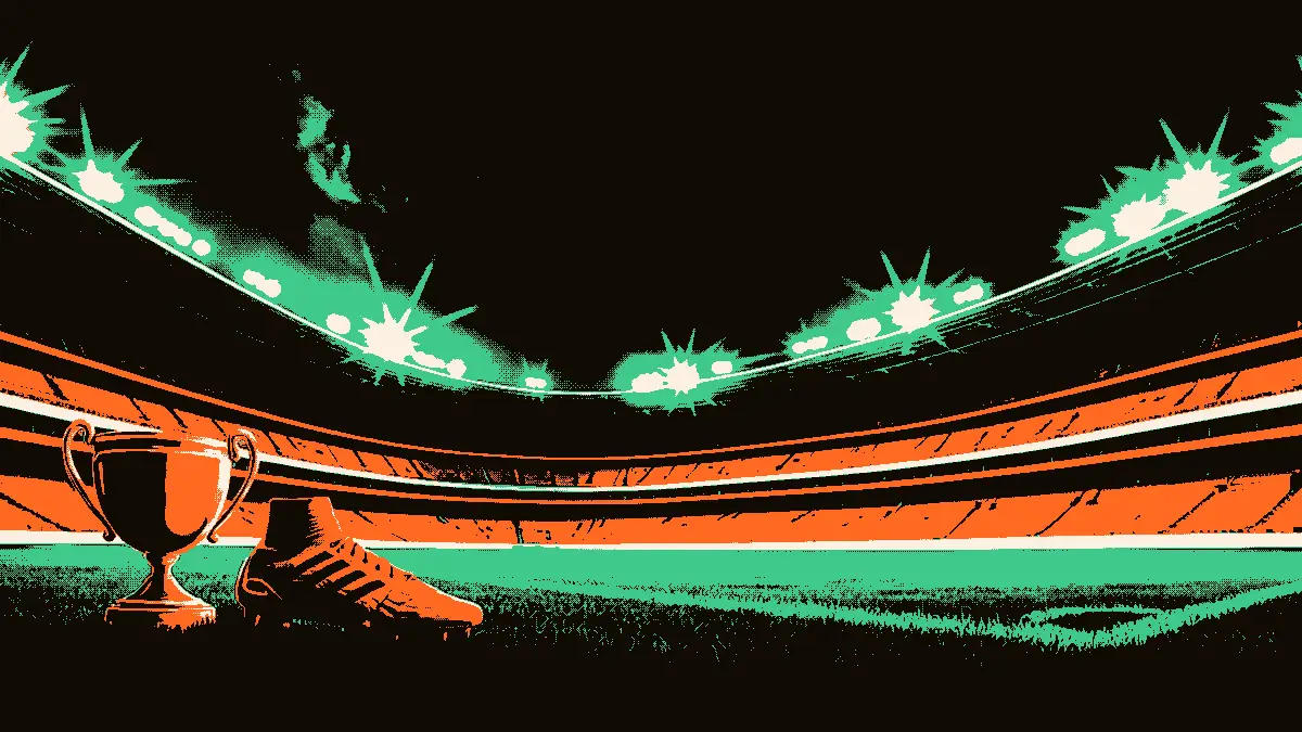 Illustration d'un stade vide éclairé par des projecteurs la nuit, avec des trophées brillants et des crampons posés sur l'herbe au premier plan, symbolisant la volonté d'enchaîner les succès.