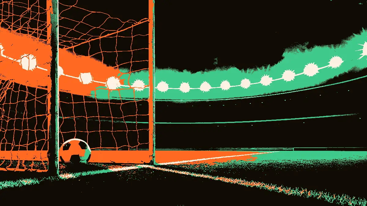 Illustration montrant un ballon posé dans le filet d'un but au bout d'un tunnel de stade, éclairé par des projecteurs lumineux dans une ambiance brumeuse.