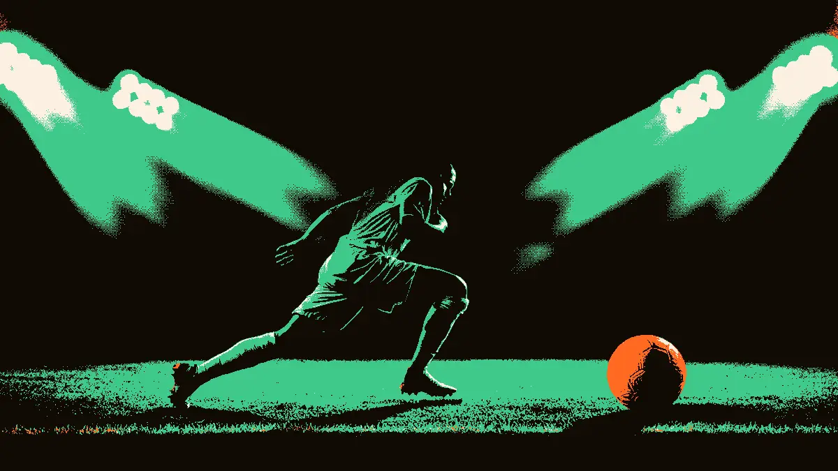 Une scène sportive sombre mettant en vedette une chaussure de football cramponnée s'apprêtant à frapper un ballon, éclairée par de puissants projecteurs dans un stade vide en arrière-plan.