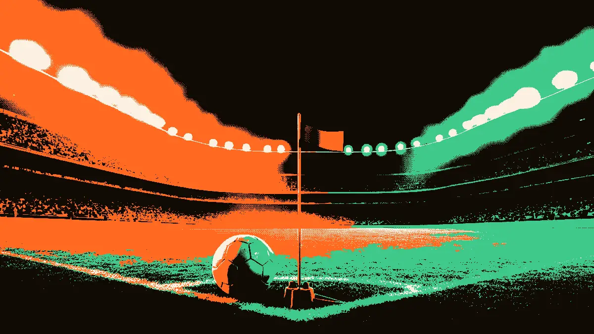 Une scène de stade vue depuis le tunnel d'accès au terrain : au premier plan, un sifflet d'arbitre posé près d'un ballon de football à carreaux traditionnels et d'un drapeau de corner, avec en arrière-plan des gradins vides et des projecteurs illuminant la pelouse, évoquant une d