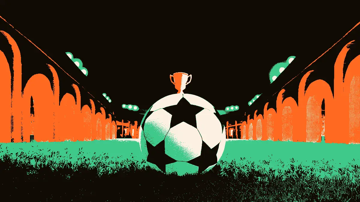 Un ballon de football posé sur une pelouse, éclairé par des projecteurs, devant un tunnel aux arches colorées menant vers un trophée lointain, évoquant le choix d'une équipe nationale.