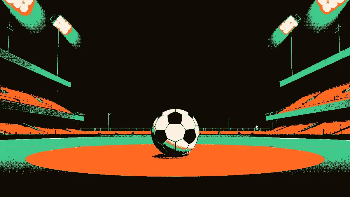 Illustration d'un stade vide au crépuscule avec un ballon de football posé au centre du terrain, des gradins déserts et des projecteurs allumés, évoquant un débat autour du football.