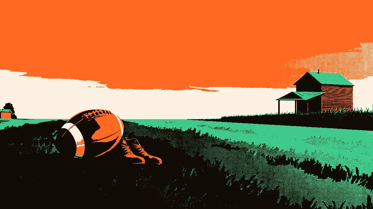 Un ballon de football et des crampons posés au bord d'un champ verdoyant, avec une grange en bois et des rangées de cultures à l'arrière-plan sous un ciel chaleureux, illustrant le passage du terrain au monde agricole.