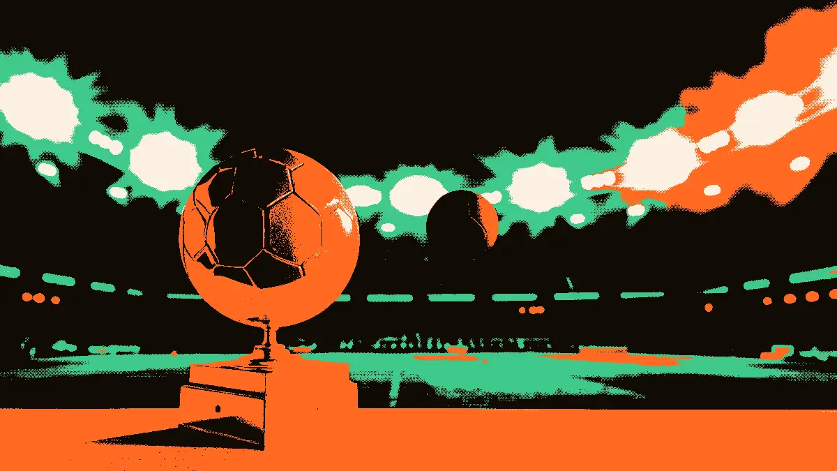 Illustration évoquant la course au Ballon d'Or : un trophée doré posé au premier plan sur un socle, un ballon de football en lévitation à côté, et en arrière-plan des gradins vides illuminés par des projecteurs, dans une ambiance de cérémonie sportive.