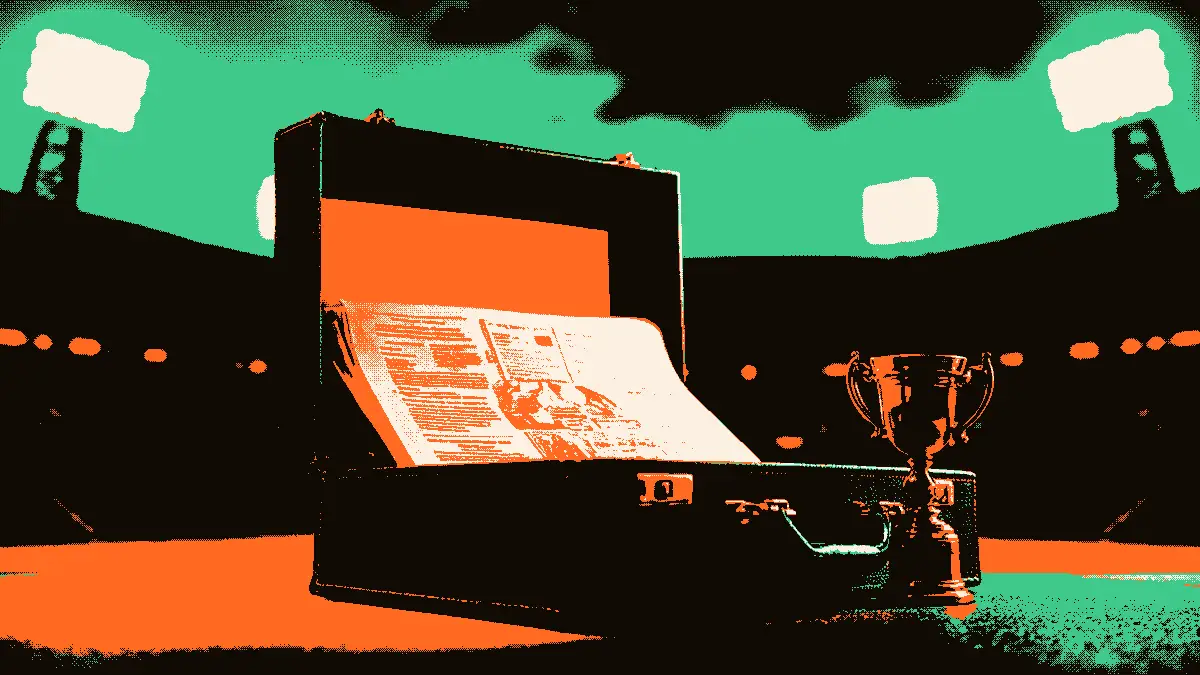 Illustration évoquant une carrière politique dans le football africain : une mallette ouverte contenant des tracts de campagne et un petit trophée doré, devant les gradins vides d'un stade illuminé par des projecteurs dans la lumière du crépuscule.