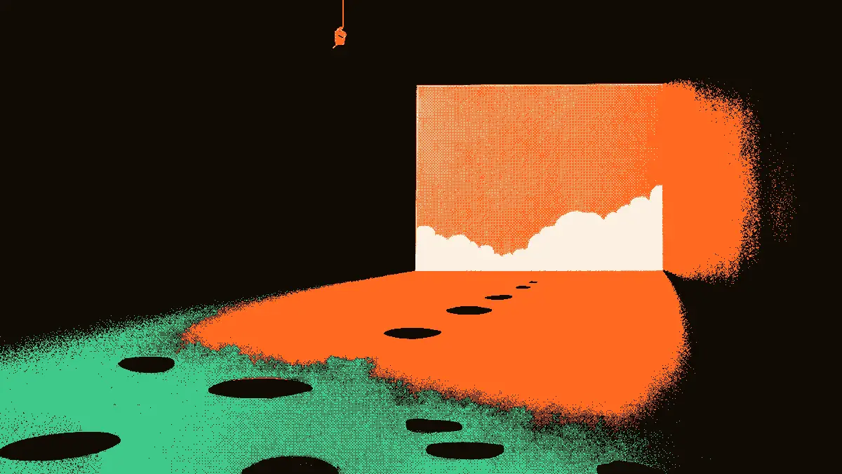 Illustration évoquant la sortie simultanée de plusieurs personnages dans un stade : un sifflet flotte au centre, des traces de pas s'éloignent vers un tunnel ouvert baigné de lumière, gradins vides en arrière-plan.