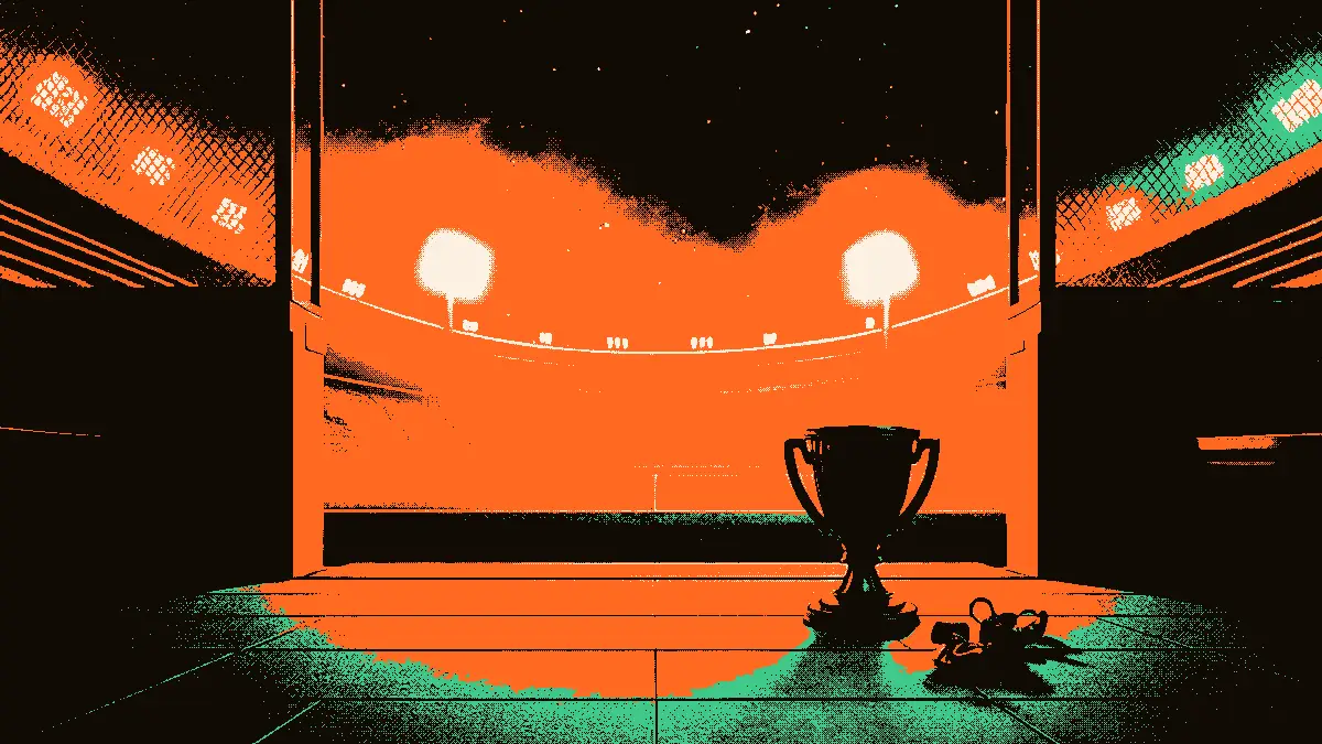 Illustration d'un stade africain avec un trophée et un sifflet sur un banc au premier plan, devant des gradins vides et des projecteurs.