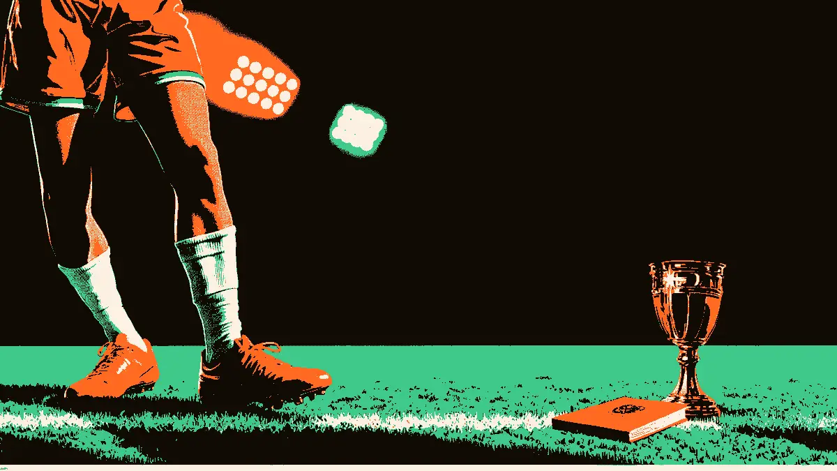 Illustration d'une chaussure de football posée sur une pelouse usée, accompanied d'un passeport ouvert près d'un petit trophée éclairé par un projecteur de stade, évoquant la validation d'une qualification.