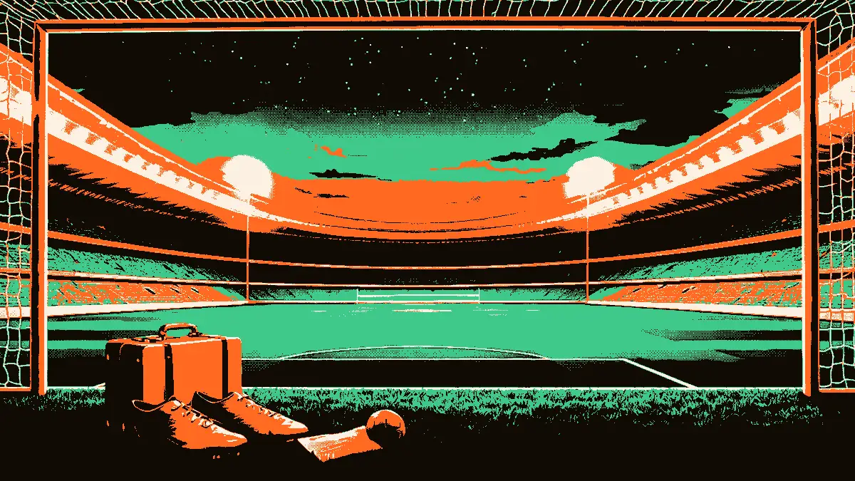 Illustration d'un stade ovale vu à travers un filet de but, avec des gradins éclairés au loin et, au premier plan, des crampons, un ballon de cuir, une valise fermée et un billet plié évoquant un déplacement pour un match amical de football en Afrique.