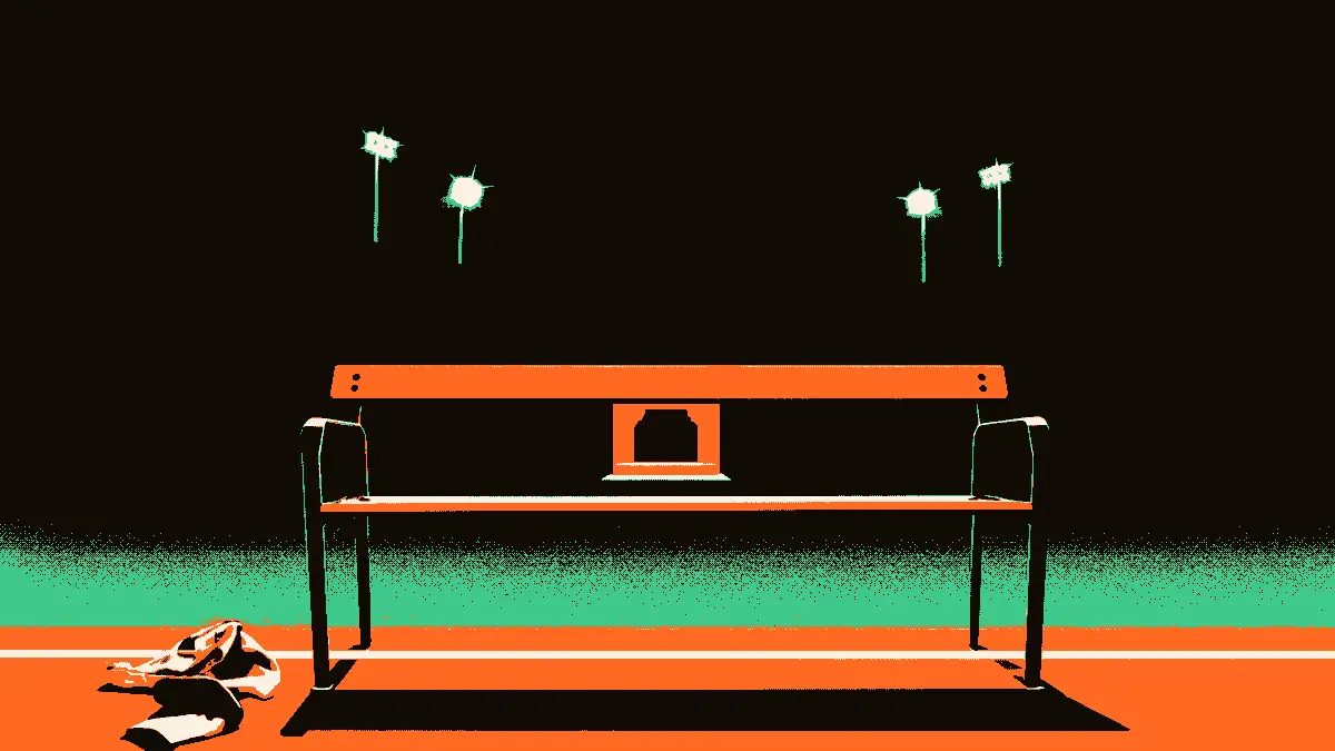 Illustration évoquant un départ et une succession : un banc de stade vide avec une écharpe pliée oubliée au premier plan, et un tunnel éclairé en arrière-plan, symbolisant un entraîneur qui quitte les lieux pendant qu'un autre entre en coulisses.