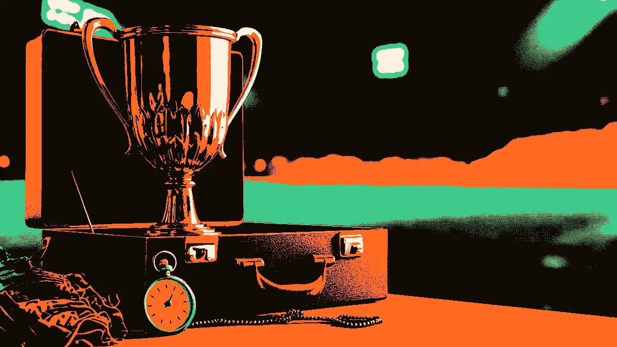 Un trophée posé à côté d'une mallette ouverte contenant un chronomètre, avec un foulard plié, sur fond de projecteurs flous d'un stade, évoquant la révélation d'un calendrier officiel.