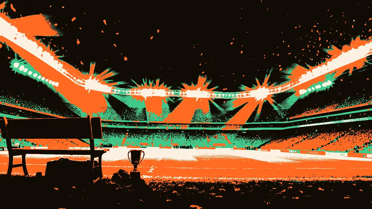 Vue d'un stade de football déserté juste avant un grand match : un banc d'entraîneur au premier plan avec une valise de matériel et un sifflet, un trophée posé au bord du terrain, et des projecteurs allumés illuminant la pelouse et les gradins silencieux.