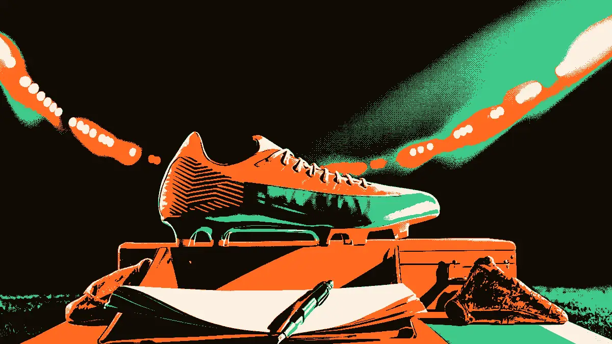 Illustration montrant une valise ouverte posée au sol dans un stade éclairé par des projecteurs, avec une chaussure de football dépassant de la valise et un stylo posé sur un document plié, symbolisant un départ officiel vers un nouveau club.