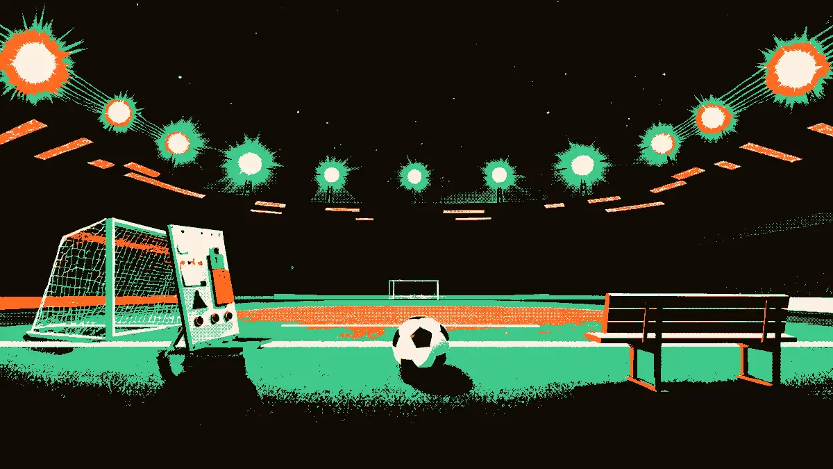 Une scène nocturne sur un terrain de football désert : un ballon posé au centre, un tableau tactique vierge appuyé contre un banc, et les projecteurs du stade allumés éclairant un filet de but en arrière-plan, évoquant une discussion tendue entre un joueur et son entraîneur.