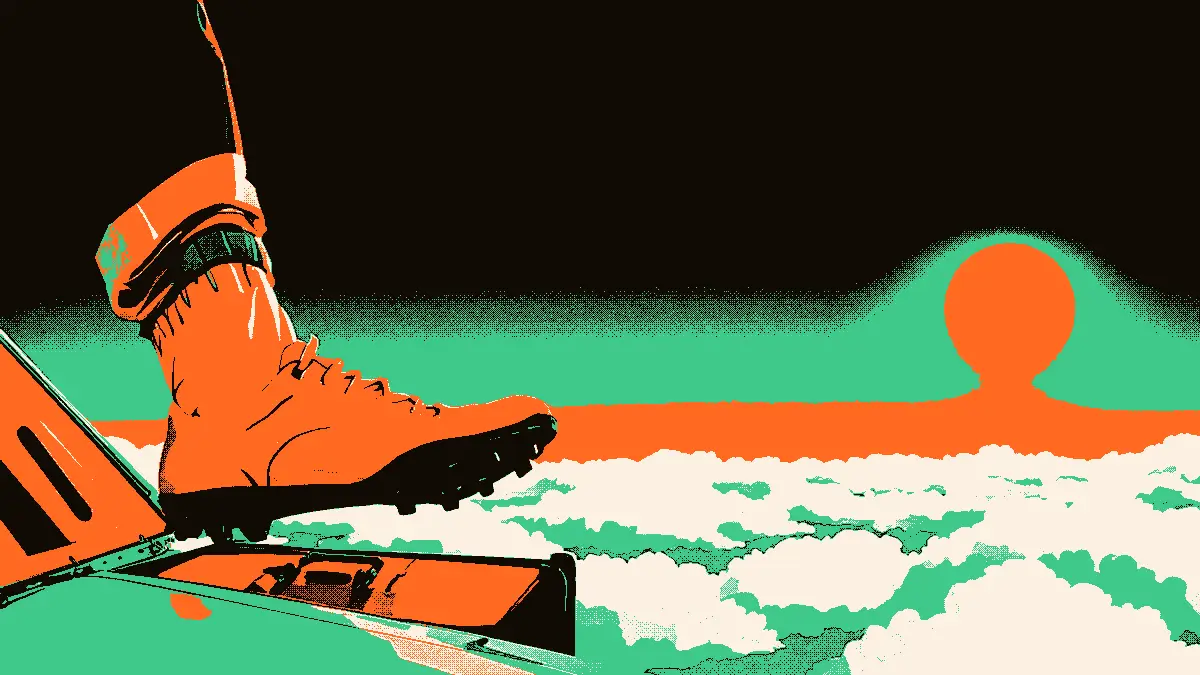 Une scène de départ : une valise ouverte sur le tarmac d'un aéroport, une unique paire de crampons posée à côté, et au loin la silhouette dorée d'un trophée posée sur le toit d'un avion, symbolisant un transfert record.
